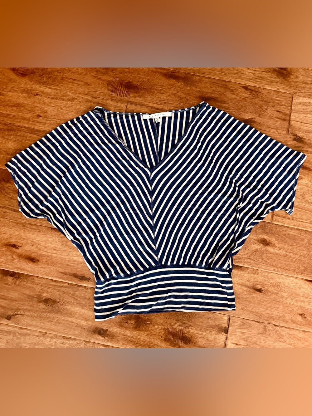 Max Studio Navy & White Striped V-Neck Top